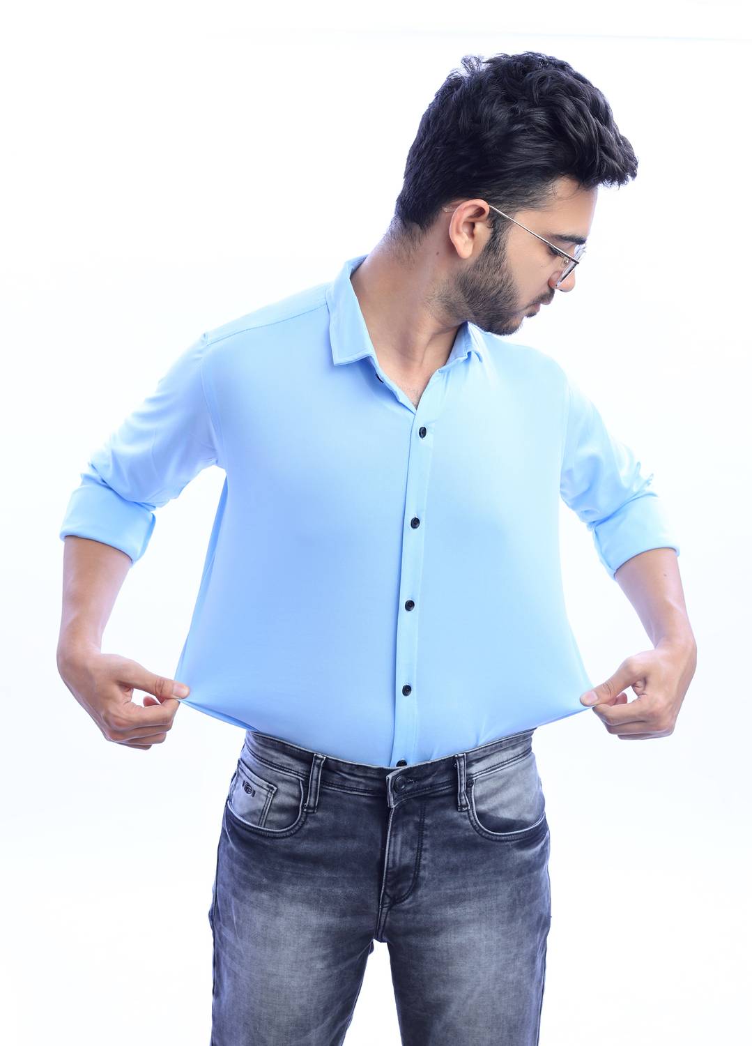 ALMORA Men Solid Casual Light Blue Shirt