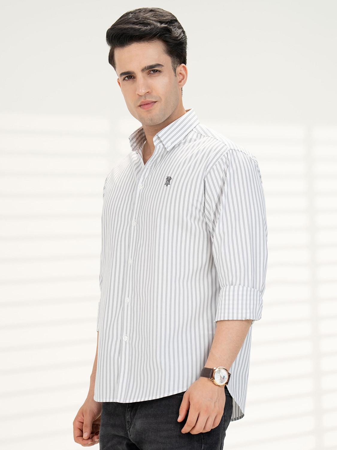 Image of RED TAPE Men Striped Casual Grey Shirt