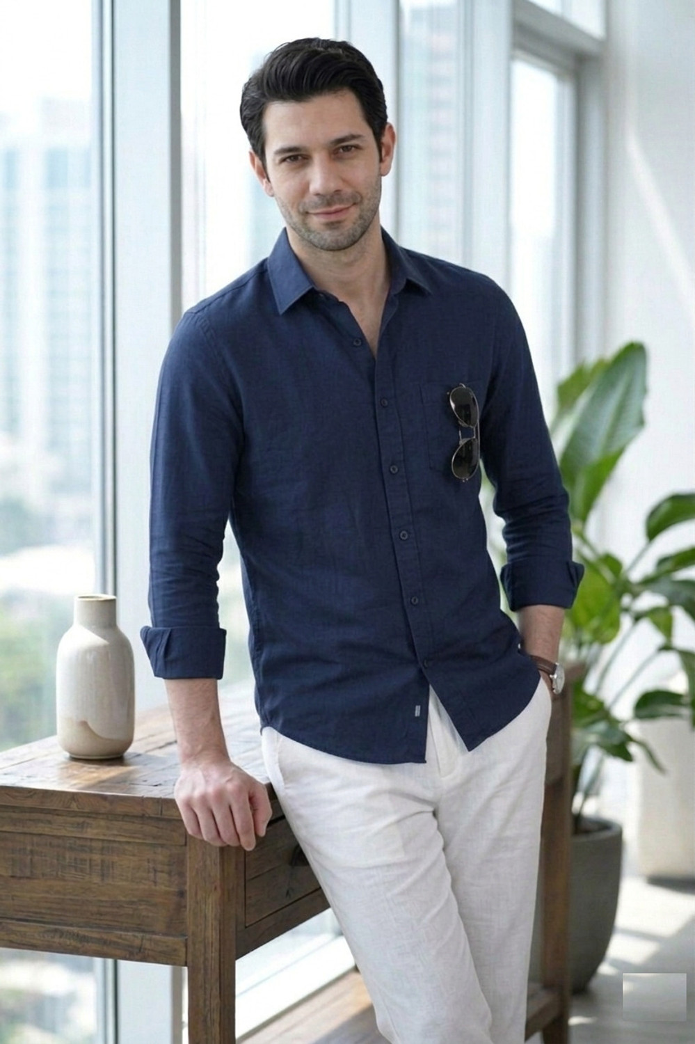 Image of Lycka Men Solid Casual Dark Blue Shirt