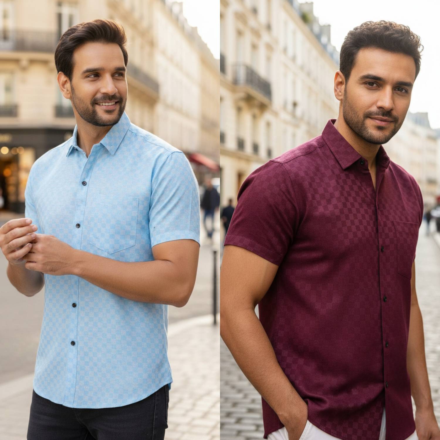 AuzaSho Collection Men Checkered Casual Light Blue, Maroon Shirt