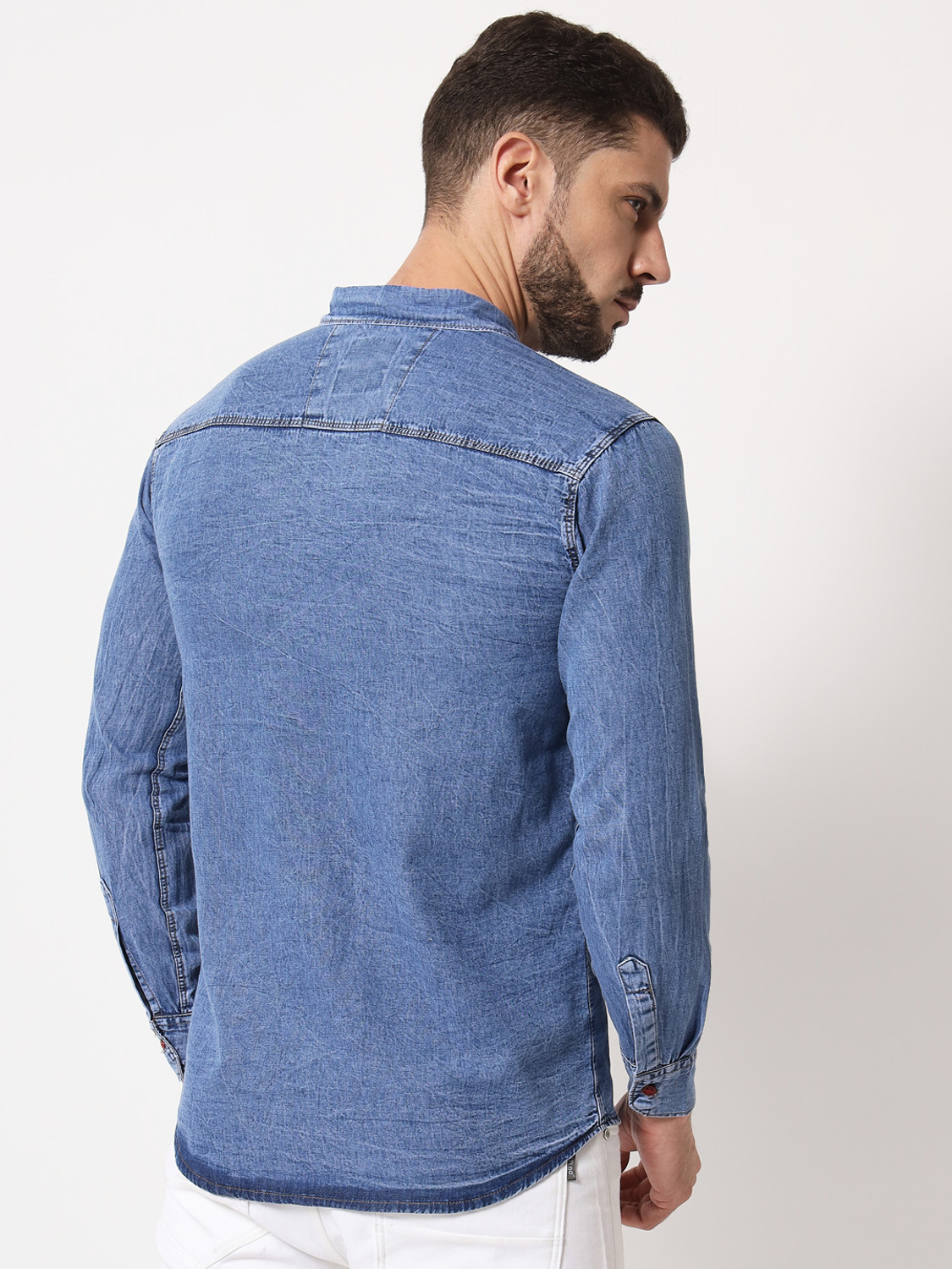 Image of Double One Men Washed Casual Blue Shirt