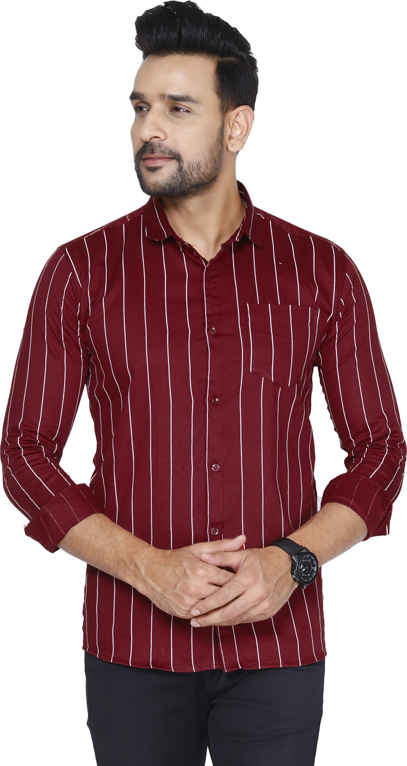 Image of Studio-9 Men Striped Casual Maroon Shirt