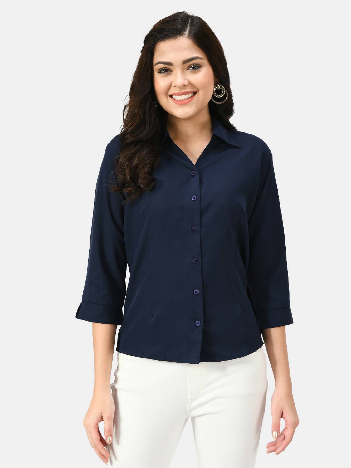 Akshatani Women Solid Casual Dark Blue Shirt