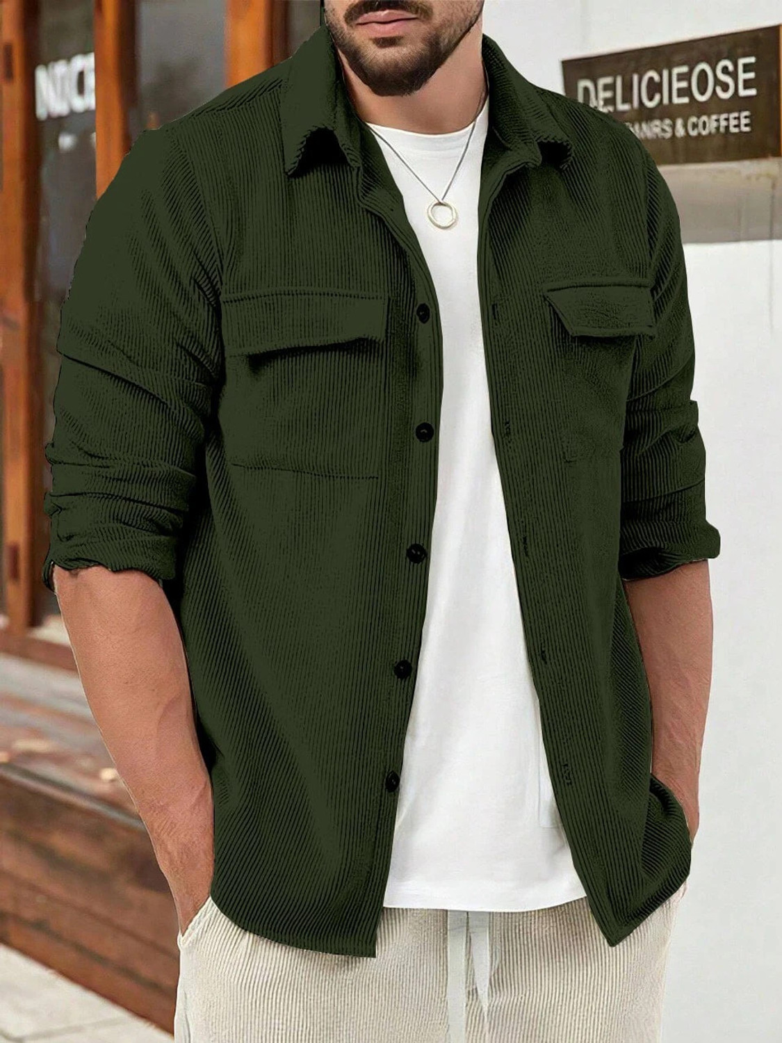 Image of COMBRAIDED Men Self Design Casual Dark Green Shirt