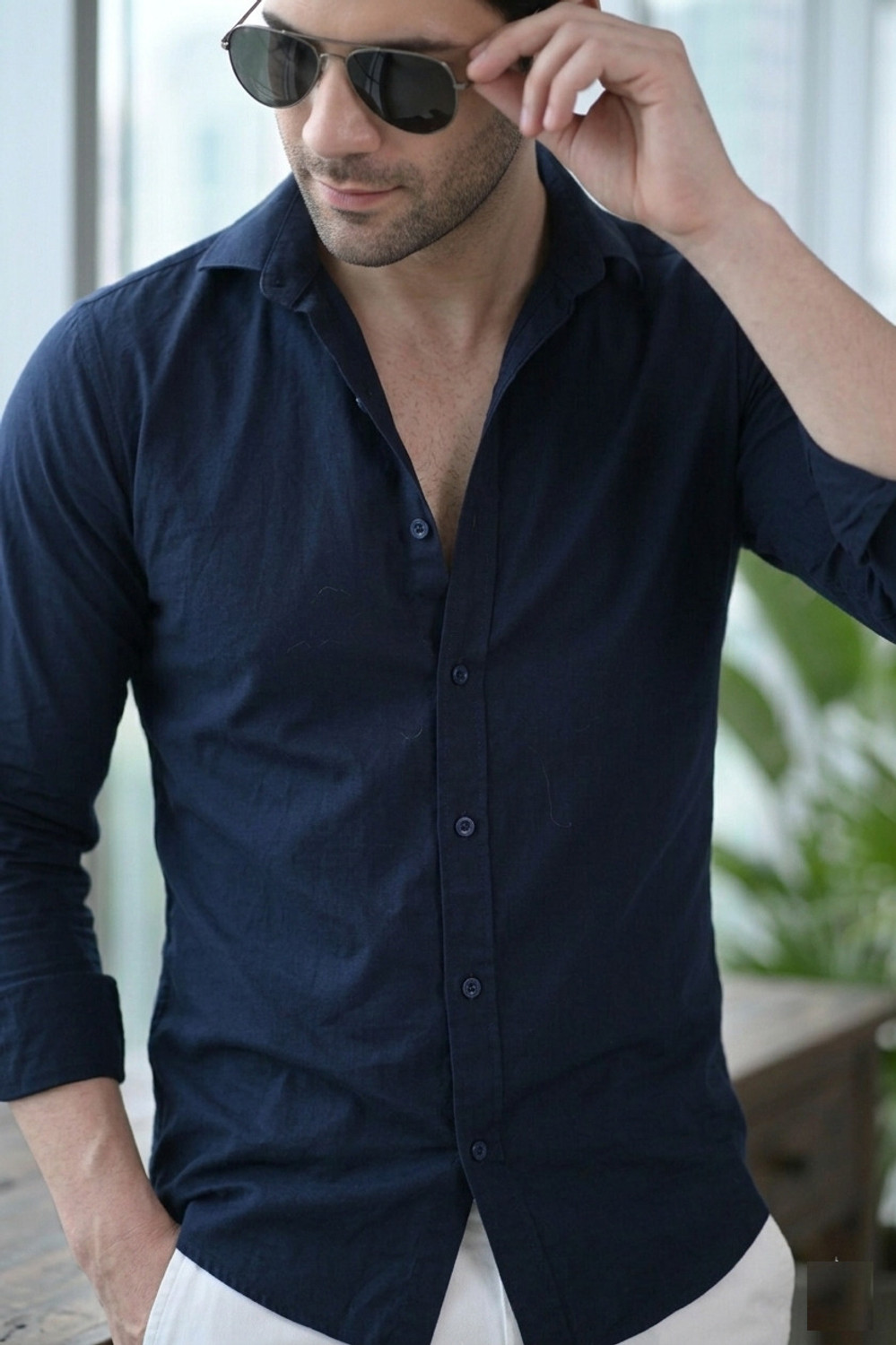 Image of Lycka Men Solid Casual Dark Blue Shirt