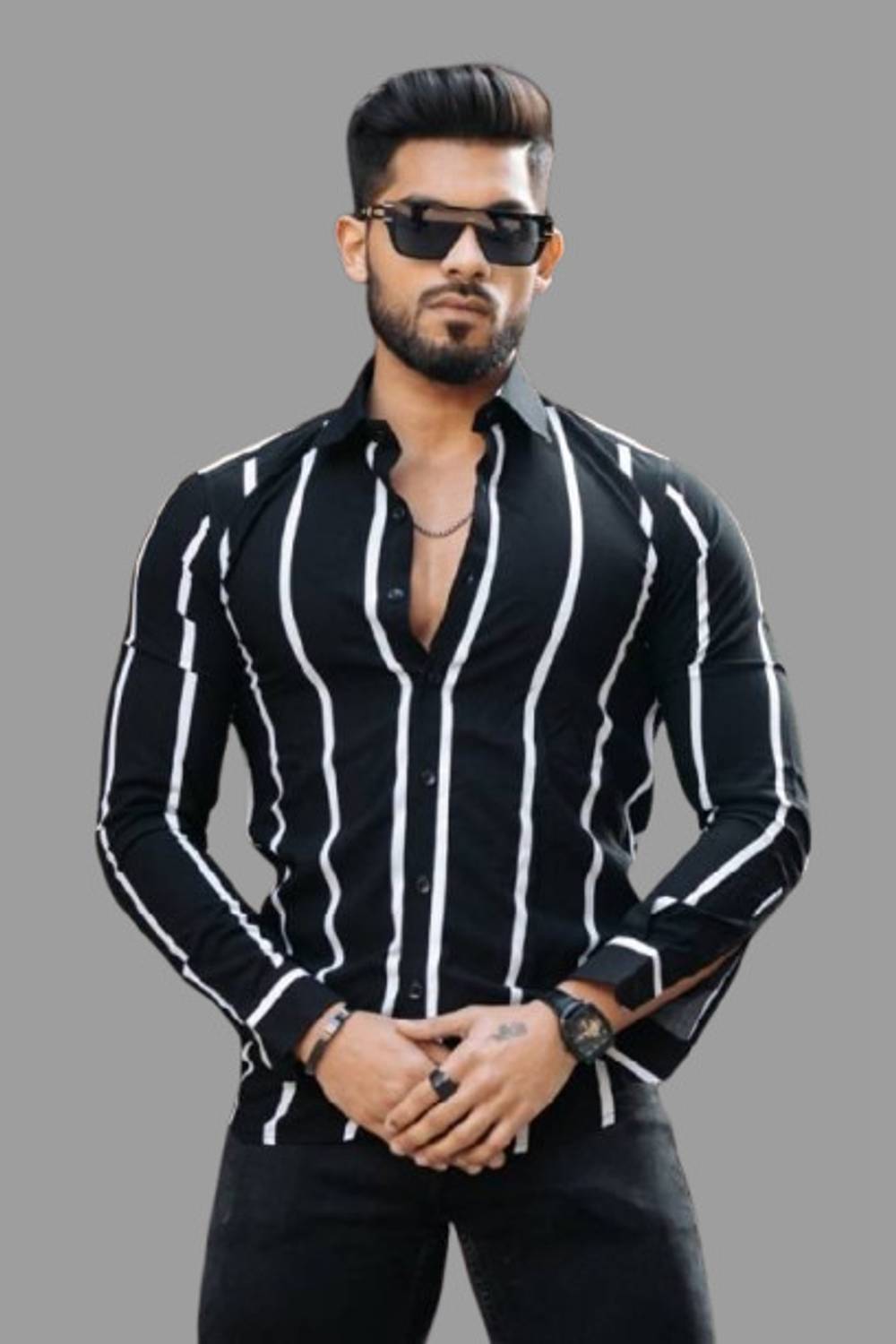 GCrown Men Striped Casual Black Shirt