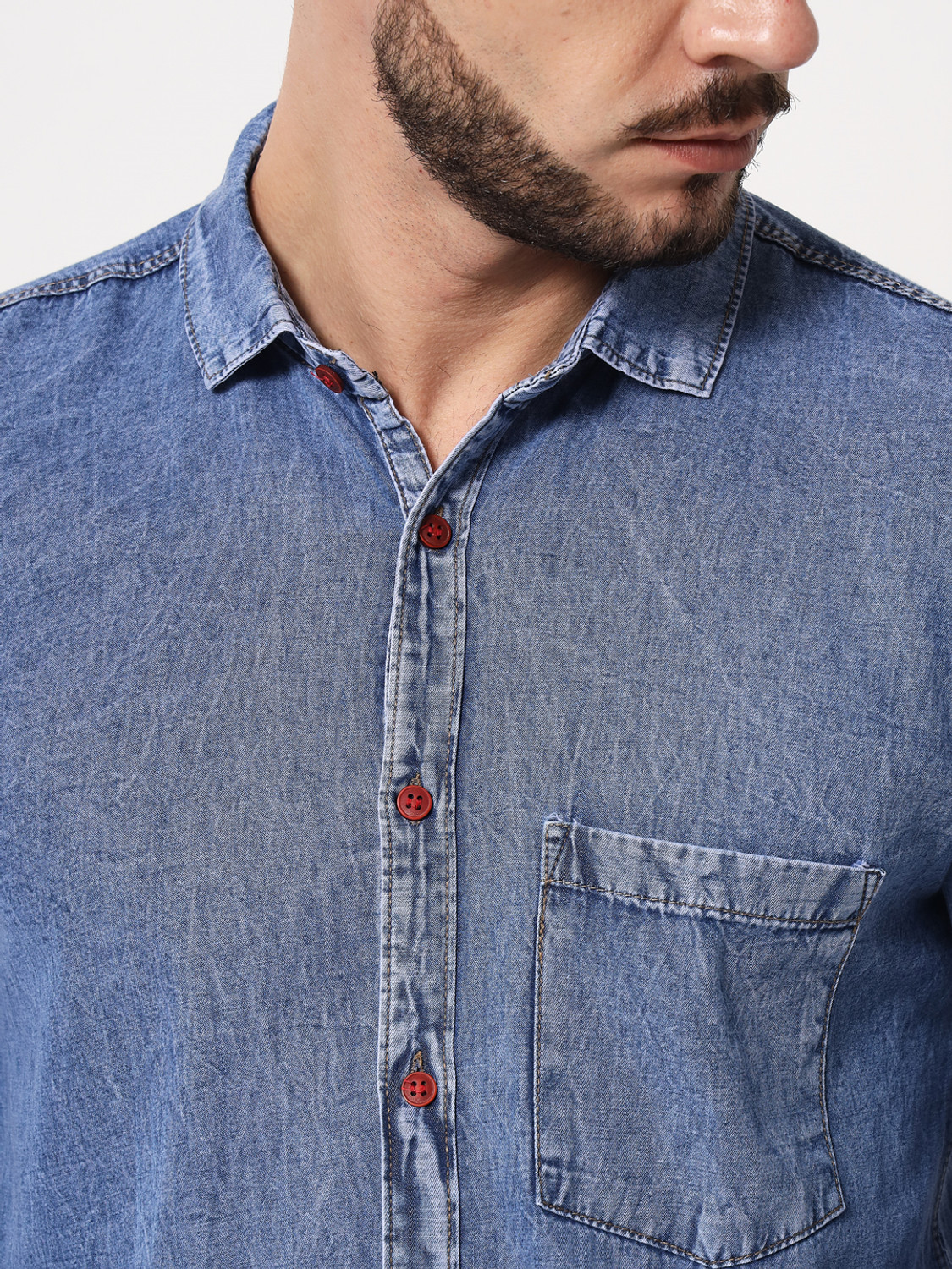 Image of Double One Men Washed Casual Blue Shirt
