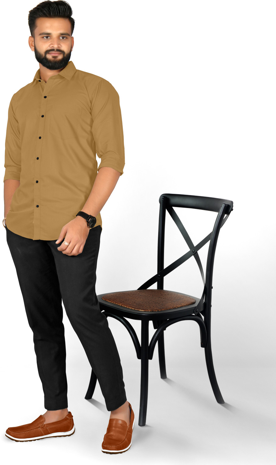 Image of FIBERMILL Men Solid Formal Khaki Shirt