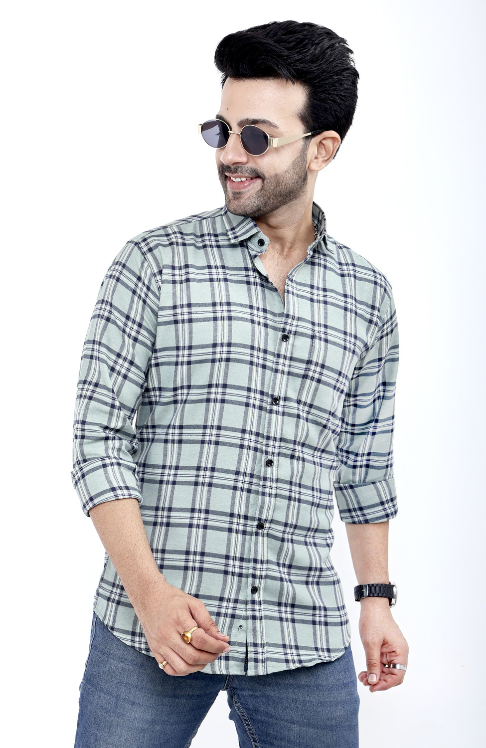Image of FATTY MOUSE Men Checkered Casual Green Shirt