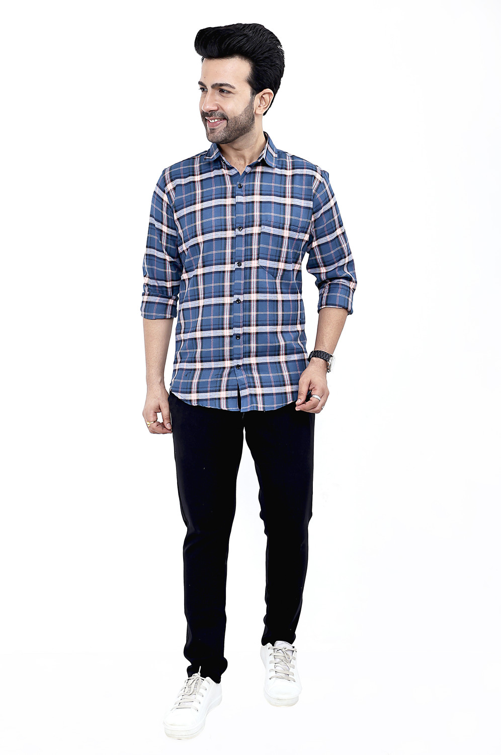 Image of FATTY MOUSE Men Checkered Casual Blue, White Shirt