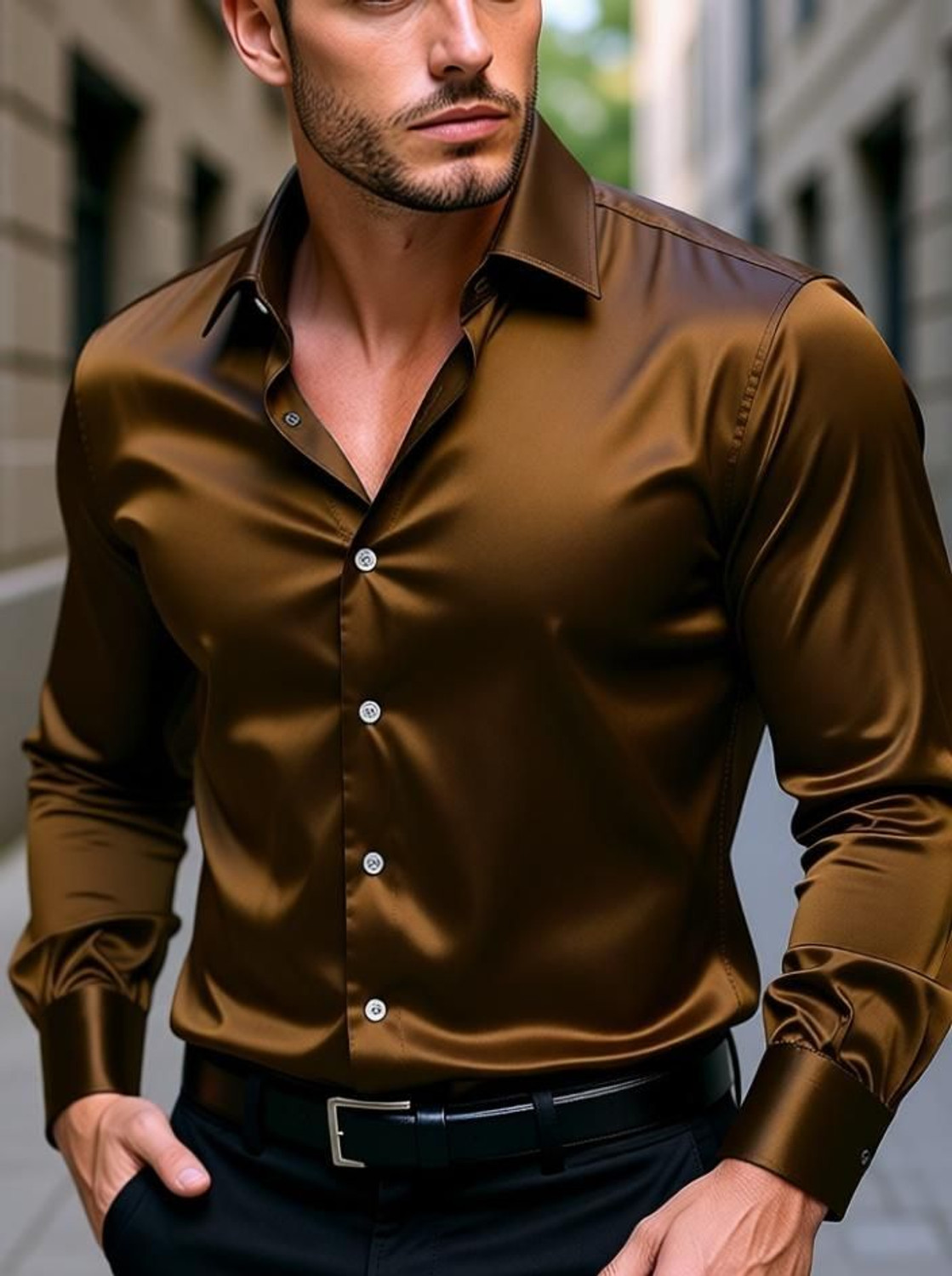 Image of SOLSTICE Men Solid Formal Brown Shirt