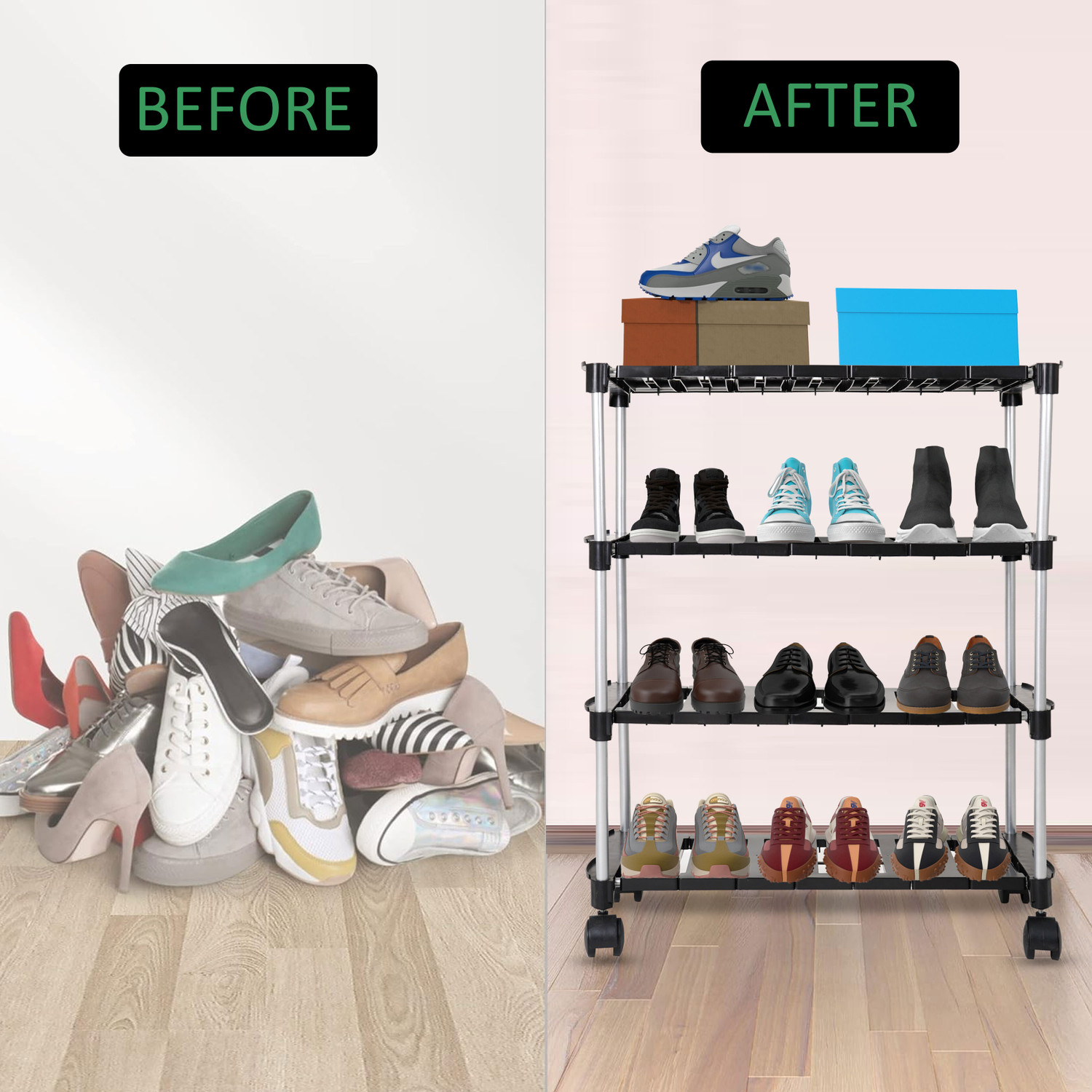 Image of LEOPAX 4 Tier Adjustable & Stackable Metal Iron Shoe Rack Organizer, Shoe Storage Shelf Metal Shoe Rack