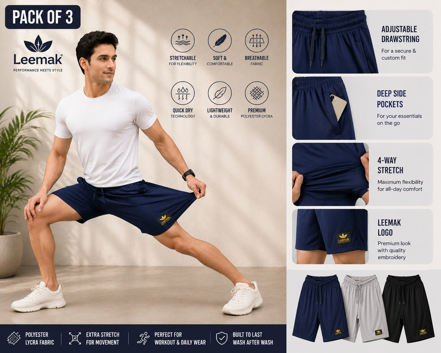 Image of Leemak Solid Men Lycra Blend Multicolor Basic Shorts