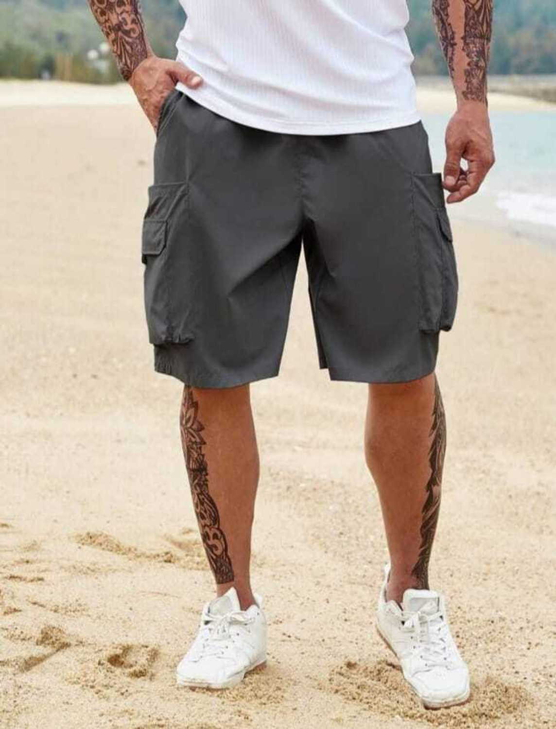 Image of ERENCHINO Solid Men Dark Grey Cargo Shorts