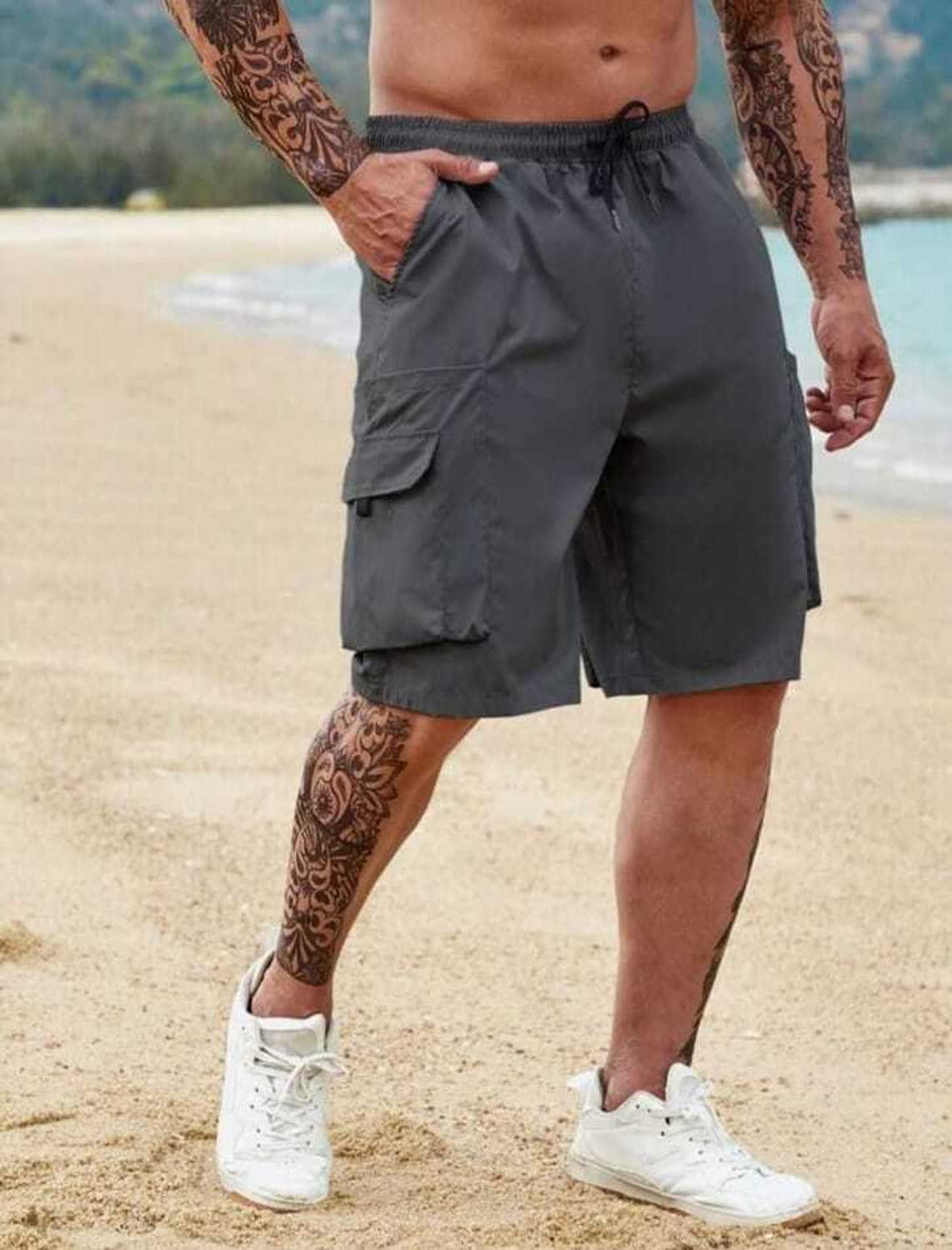 Image of ERENCHINO Solid Men Dark Grey Cargo Shorts