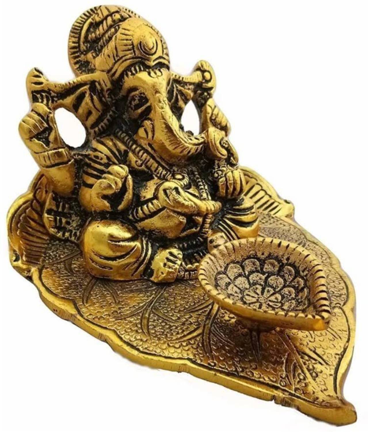SBBCO Ganesh Idol on Leaf - Lord Ganesha with Diya 7cm Decorative Showpiece - 6.8 cm