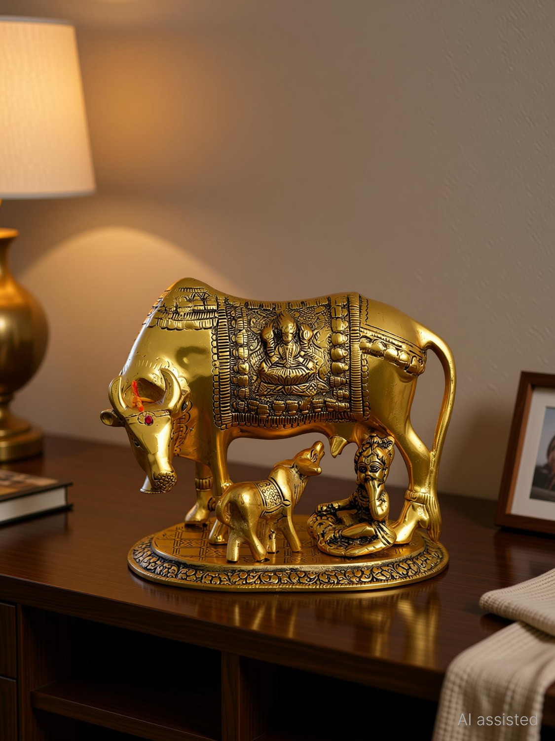 Image of Chhariya Crafts Metal Krishna With Religious Kamdhenu Cow with Calf Handmade Handicraft for Home Decor Gift Item Decorative Showpiece - 14 cm