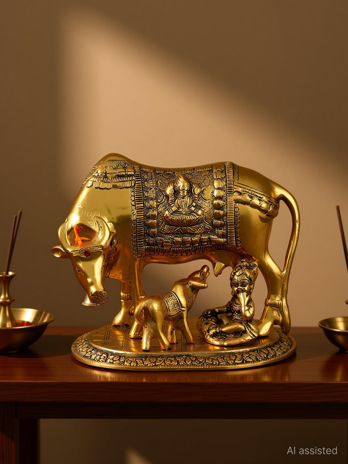 Image of Chhariya Crafts Metal Krishna With Religious Kamdhenu Cow with Calf Handmade Handicraft for Home Decor Gift Item Decorative Showpiece - 14 cm