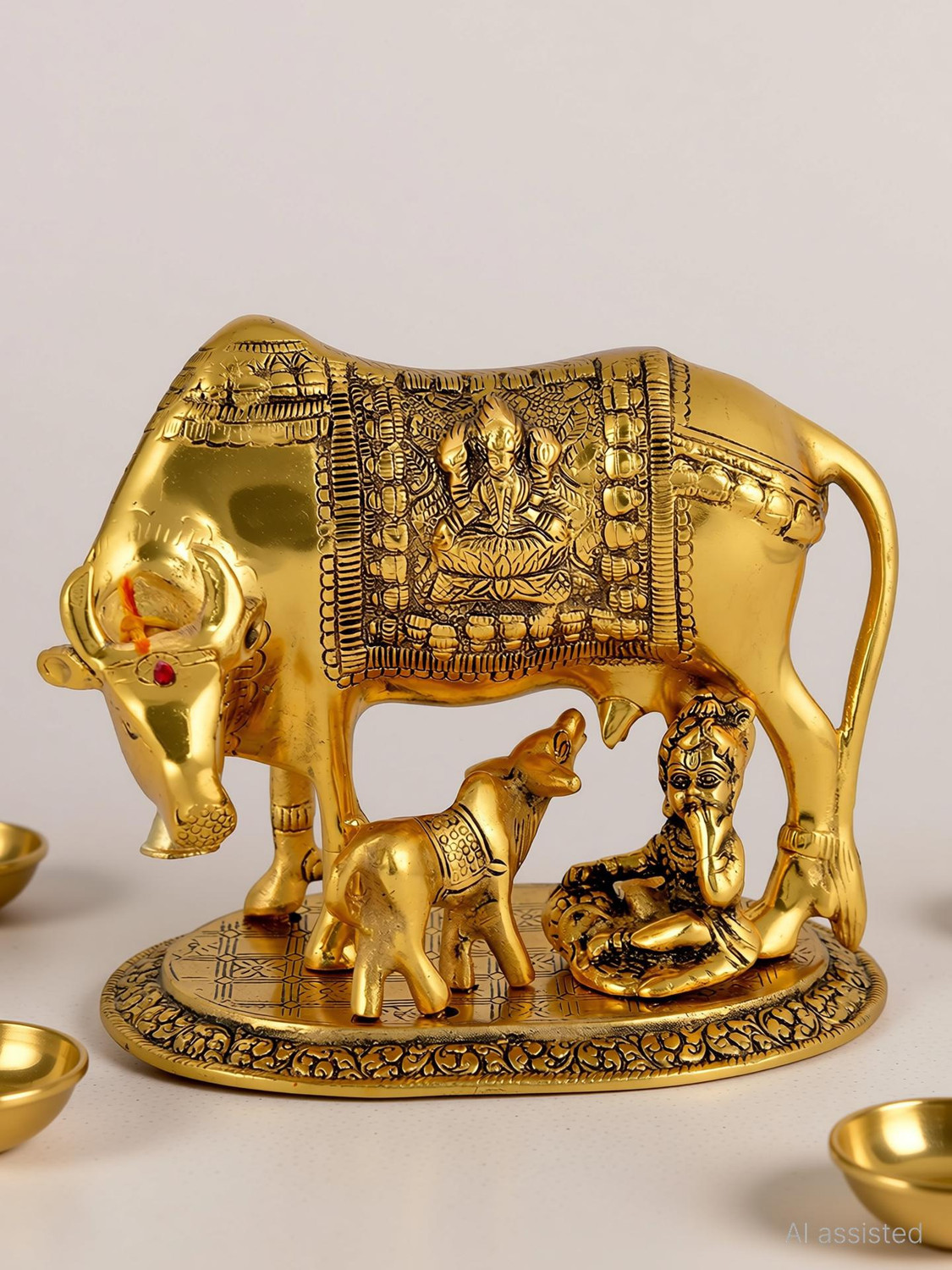 Image of Chhariya Crafts Metal Krishna With Religious Kamdhenu Cow with Calf Handmade Handicraft for Home Decor Gift Item Decorative Showpiece - 14 cm