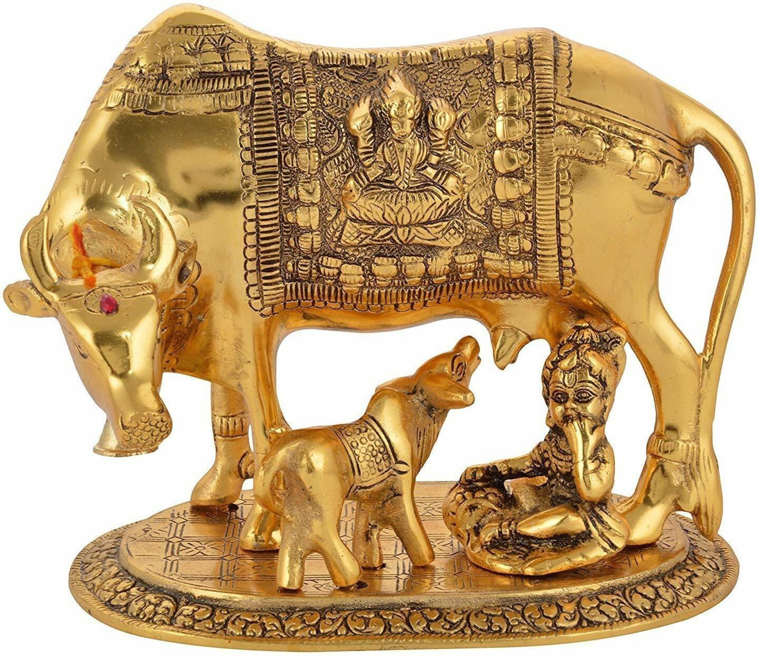 Image of Chhariya Crafts Metal Krishna With Religious Kamdhenu Cow with Calf Handmade Handicraft for Home Decor Gift Item Decorative Showpiece - 14 cm