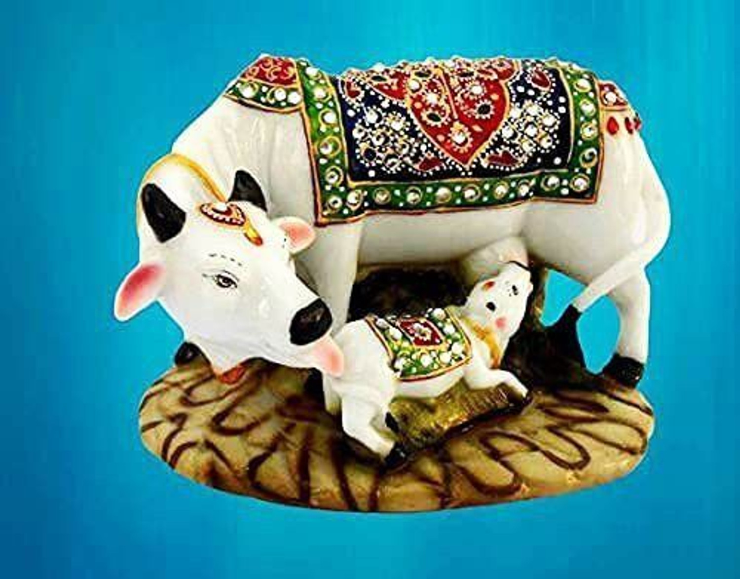 Image of MAHADEV Decorative Marble Kamdhenu Cow Calf Statue for Home Office Decor Decorative Showpiece - 9 cm