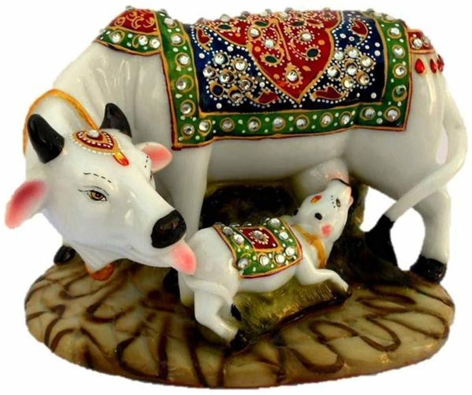 Image of MAHADEV Decorative Marble Kamdhenu Cow Calf Statue for Home Office Decor Decorative Showpiece - 9 cm