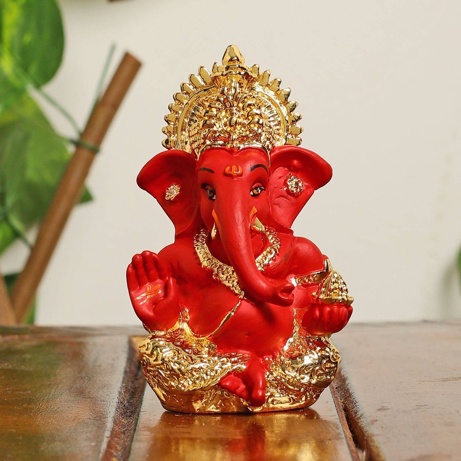 INTERNATIONAL GIFT Golden & Red Ganesh Idol Murti Statue | For Table, Car Desk Decorative Showpiece - 9 cm