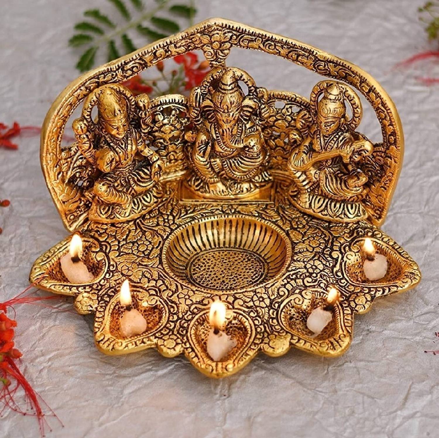anil job works Metal Laxmi Ganesh Saraswati Idol with 5 Diyas for Home decor and Gifts Decorative Showpiece - 12 cm