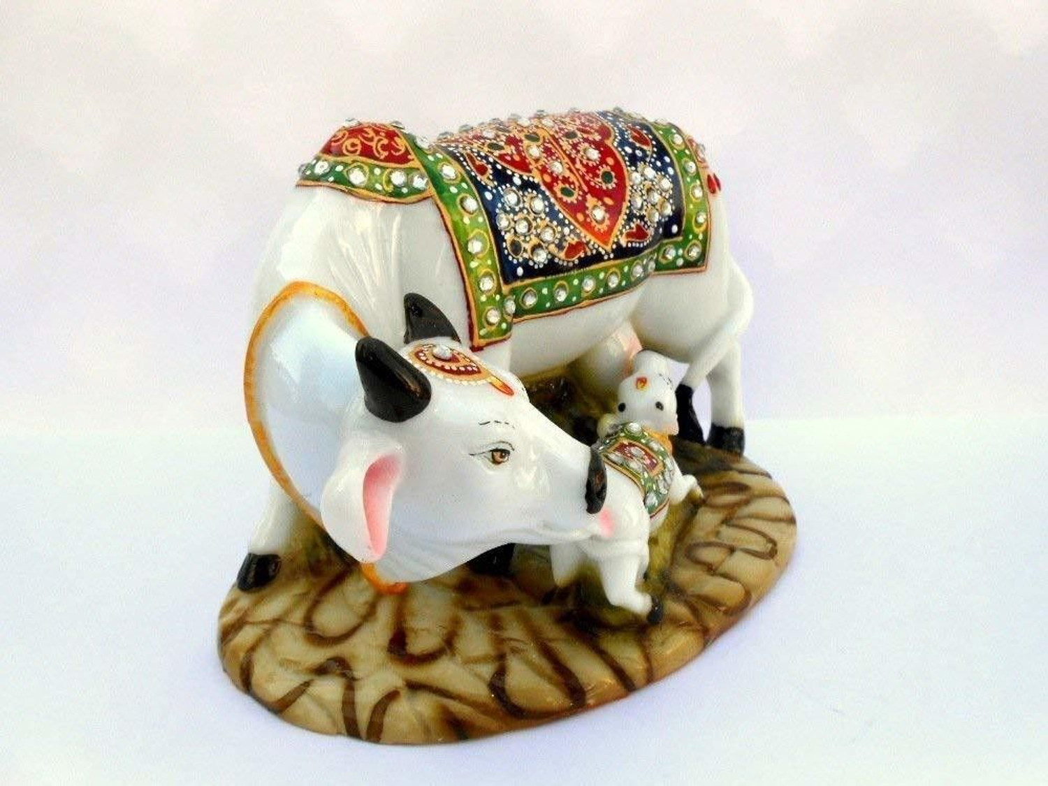 Image of MAHADEV Decorative Marble Kamdhenu Cow Calf Statue for Home Office Decor Decorative Showpiece - 9 cm