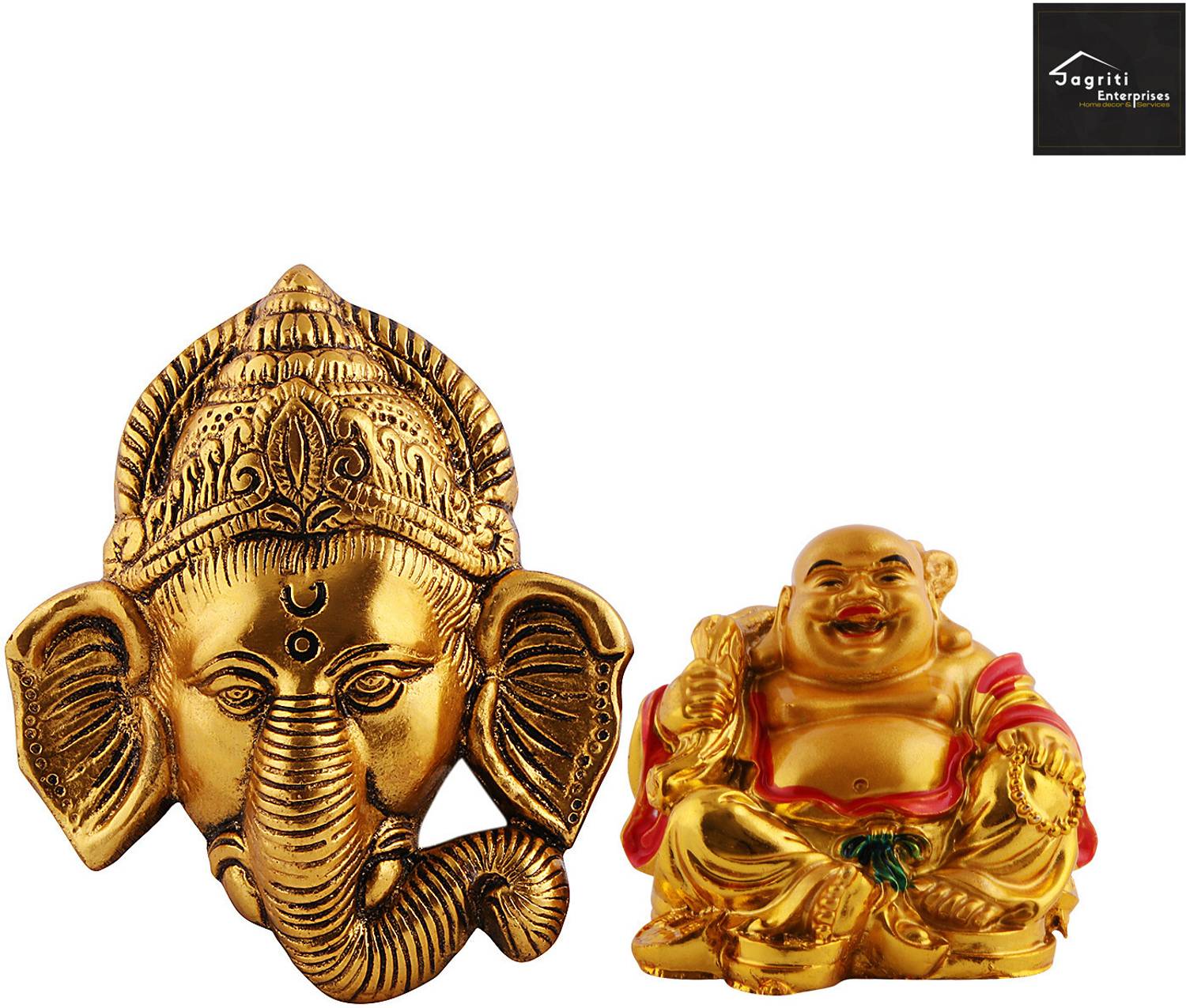 jagriti enterprise Ganpati Idol with Laughing Buddha Showpiece for Home & Car Dashboard Decorative Showpiece - 6 cm