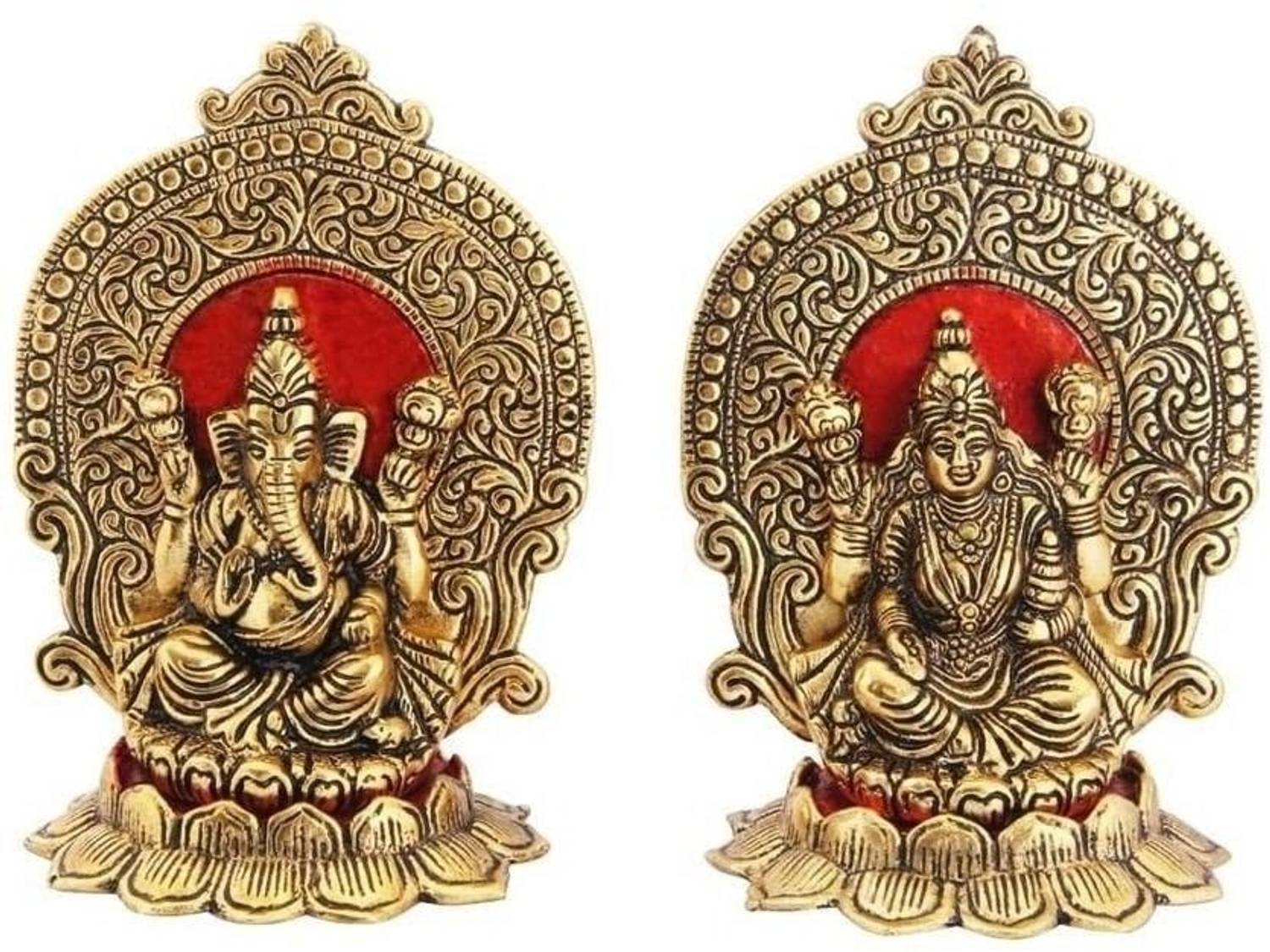 NAVYAKSH Lakshmi Ganesh Idol in Metal with Beautiful Carving Around it Seated on Lotus fo Decorative Showpiece - 15.9 cm