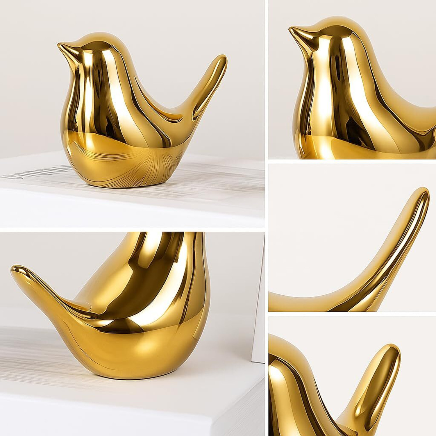 Image of ROHENIX Golden Bird Figurines Set of 2 Modern Polished Gold Ceramic /Resin Decorative Showpiece - 15 cm