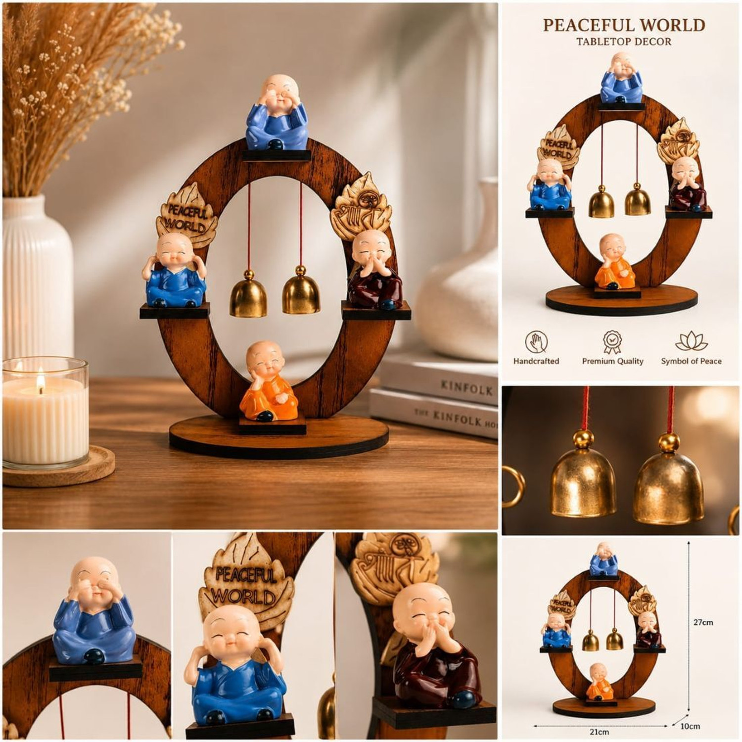 Image of VRIDAANN ZEN FOUR MONKS WOODEN TABLETOP DECOR - 22CM Decorative Showpiece - 22 cm
