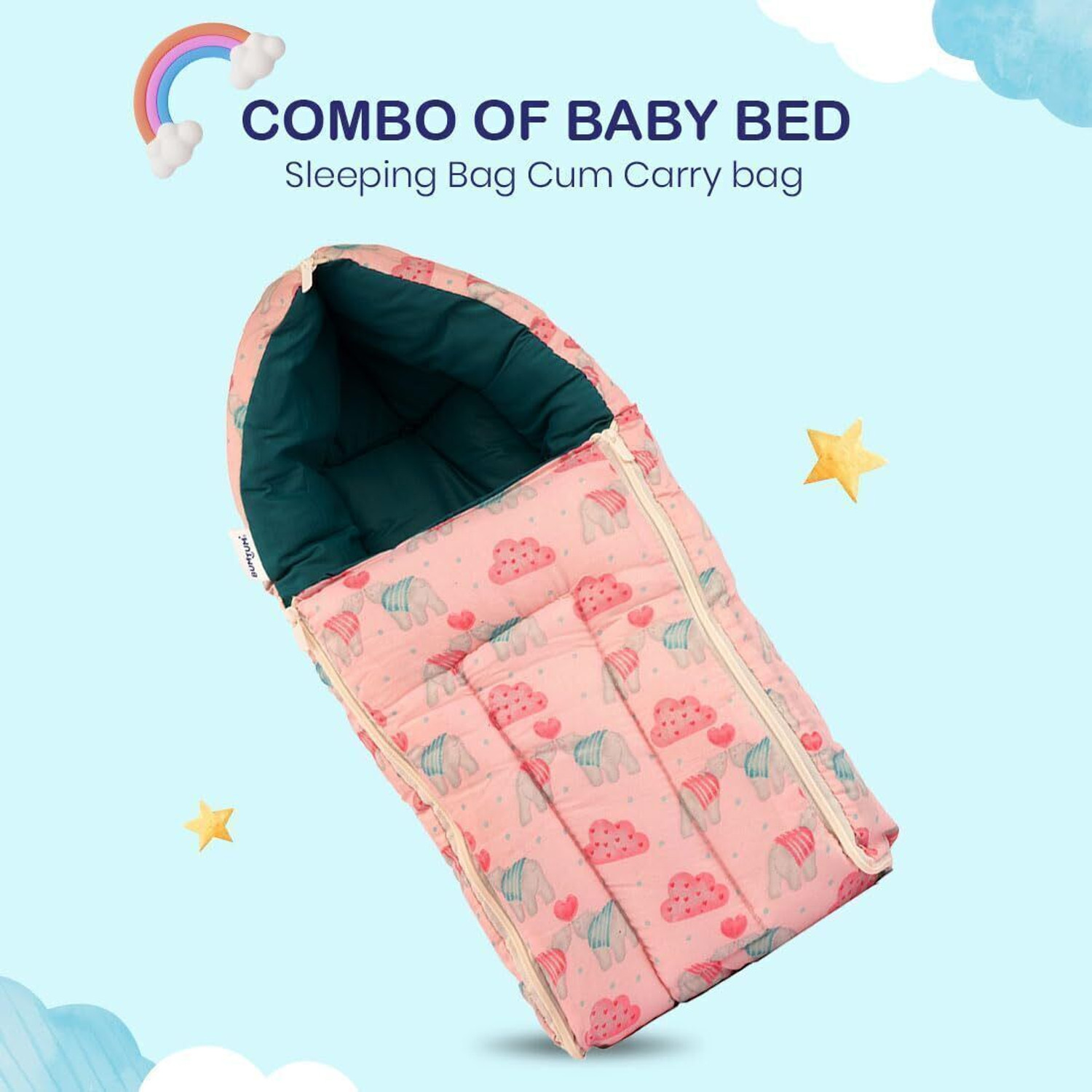 Image of BUMTUM 0-6 Months New Born Baby Unisex Cotton Carry Bag 3 in 1 Baby Bed Sleeping Bag
