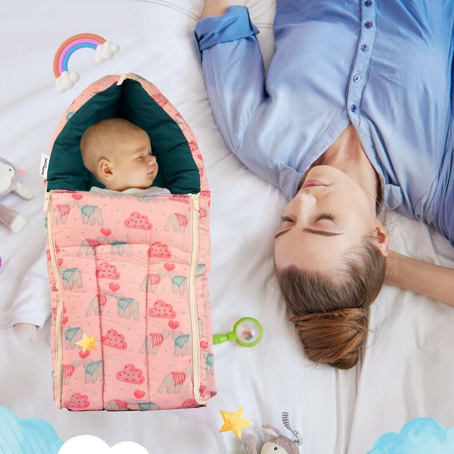 Image of BUMTUM 0-6 Months New Born Baby Unisex Cotton Carry Bag 3 in 1 Baby Bed Sleeping Bag