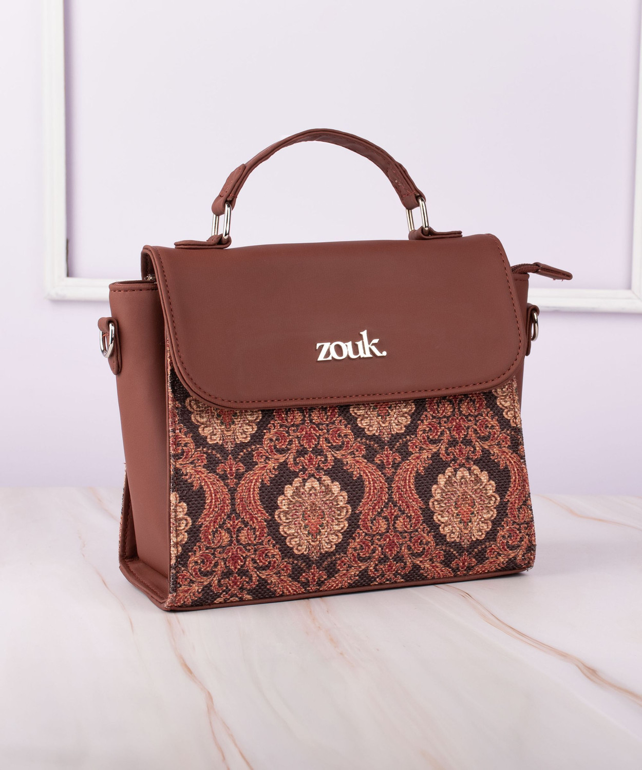 Image of ZOUK Brown Sling Bag Jodhpur Damask Statement Sling Bag
