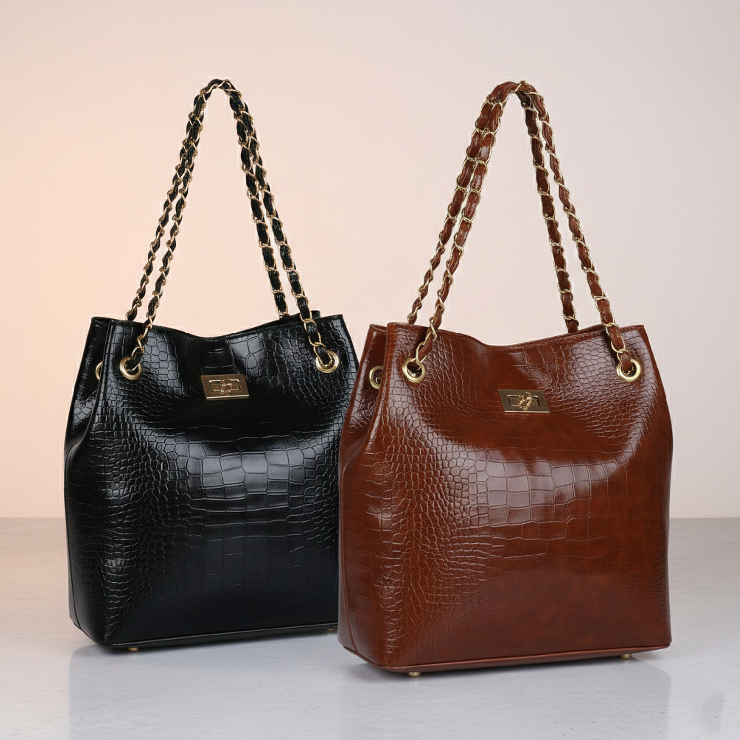Image of AVERAA Black, Tan Hand-held Bag The Croco Luxe 2-in-1 Handbag Set (or) The Sienna Croco Combo