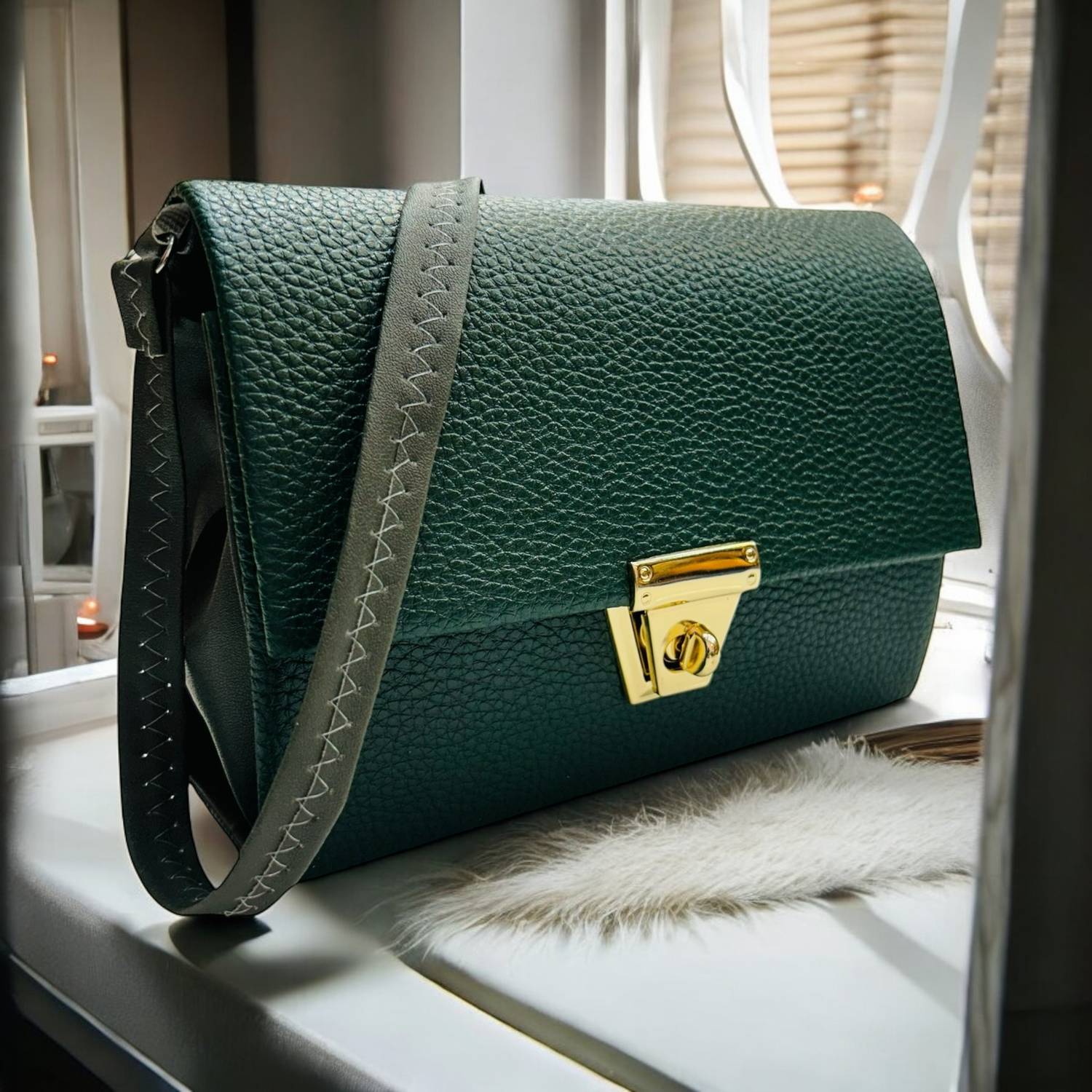 Carissa Green Sling Bag Classy Stylish Sling Bag With long adjustable straps Golden lock button