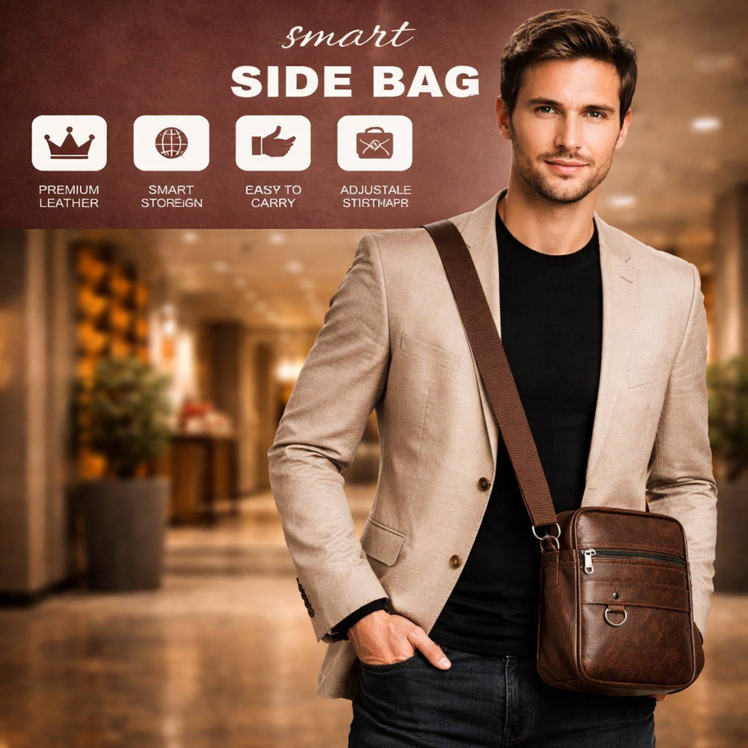 Image of CRAR ENTERPRISES Brown Sling Bag Premium PU Leather Sling Bag for Men | Crossbody Travel Messenger Side Bag