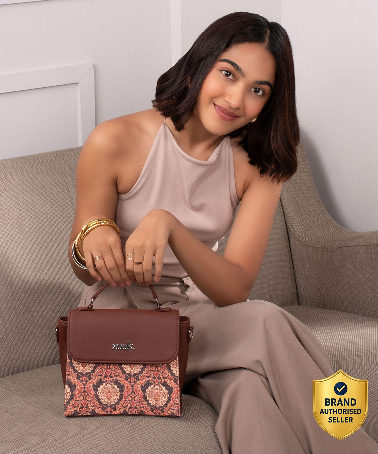 Image of ZOUK Brown Sling Bag Jodhpur Damask Statement Sling Bag