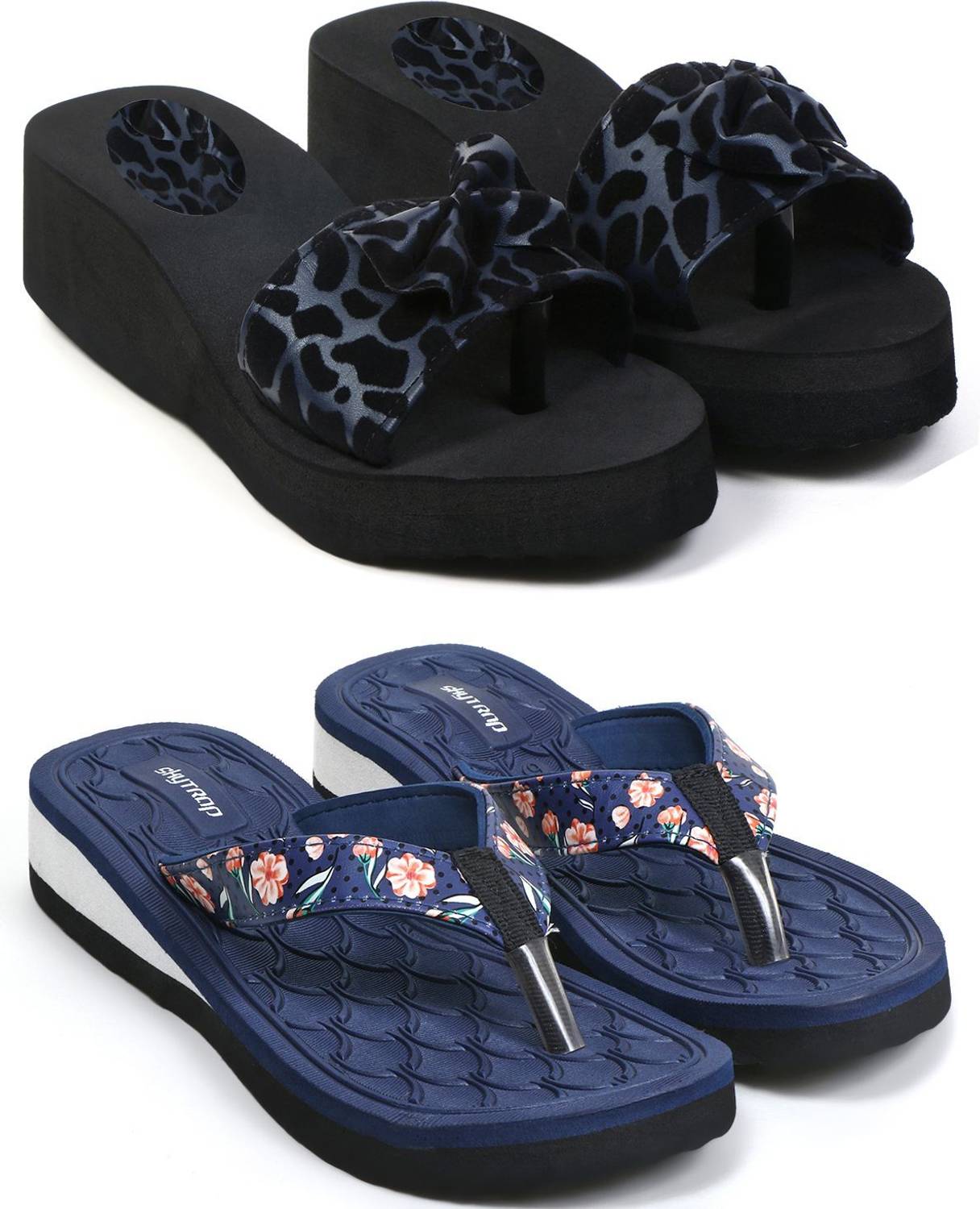 Skytrap Women Stylish Comfortable and Trending Colorful Embossed Flip Flops Combo of 2 Flip Flops
