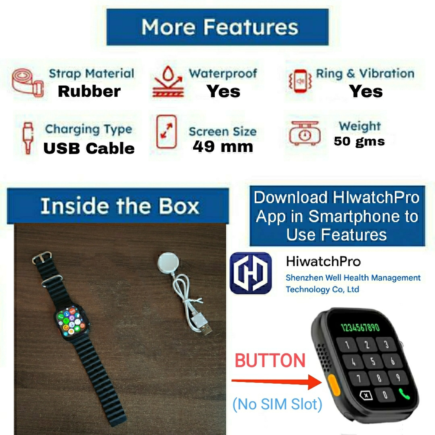 Image of GWE BSU8 HiwatchPro Bluetooth Call, In-built 1-Game & Calculator, Waterproof Mens Smartwatch