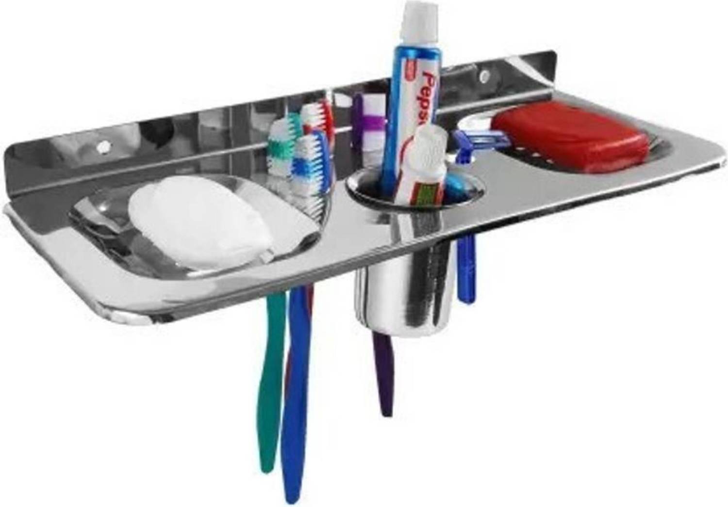 BATHONIX Stainless Steel 4 in 1 Multipurpose Double Soap Dish Tooth Brush Holder (1 Pcs)