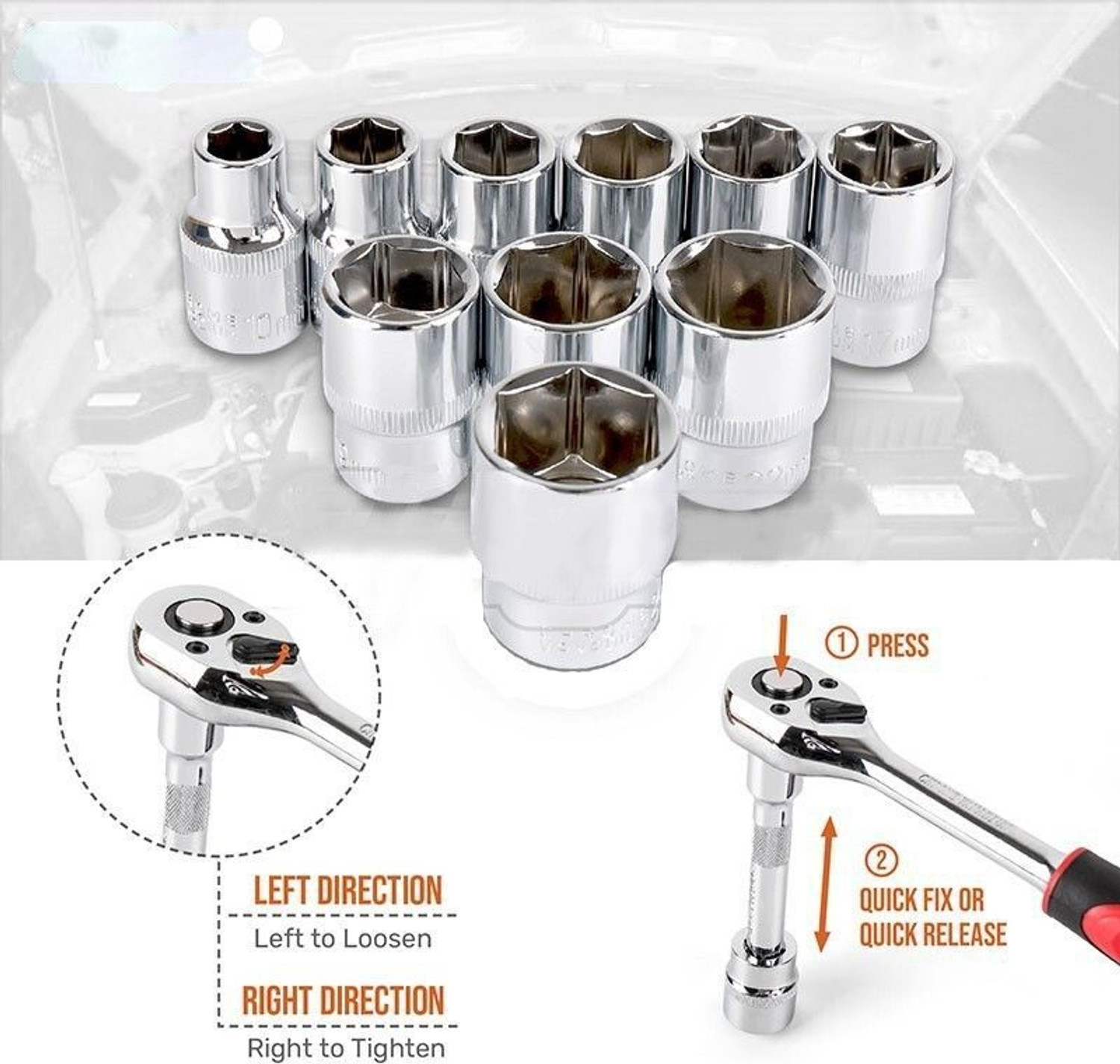 Image of amozkart 1 /4 inch Hexagon socket 12pc set Chrome Vanadium Steel Spanner Tool kitF62 Socket Set