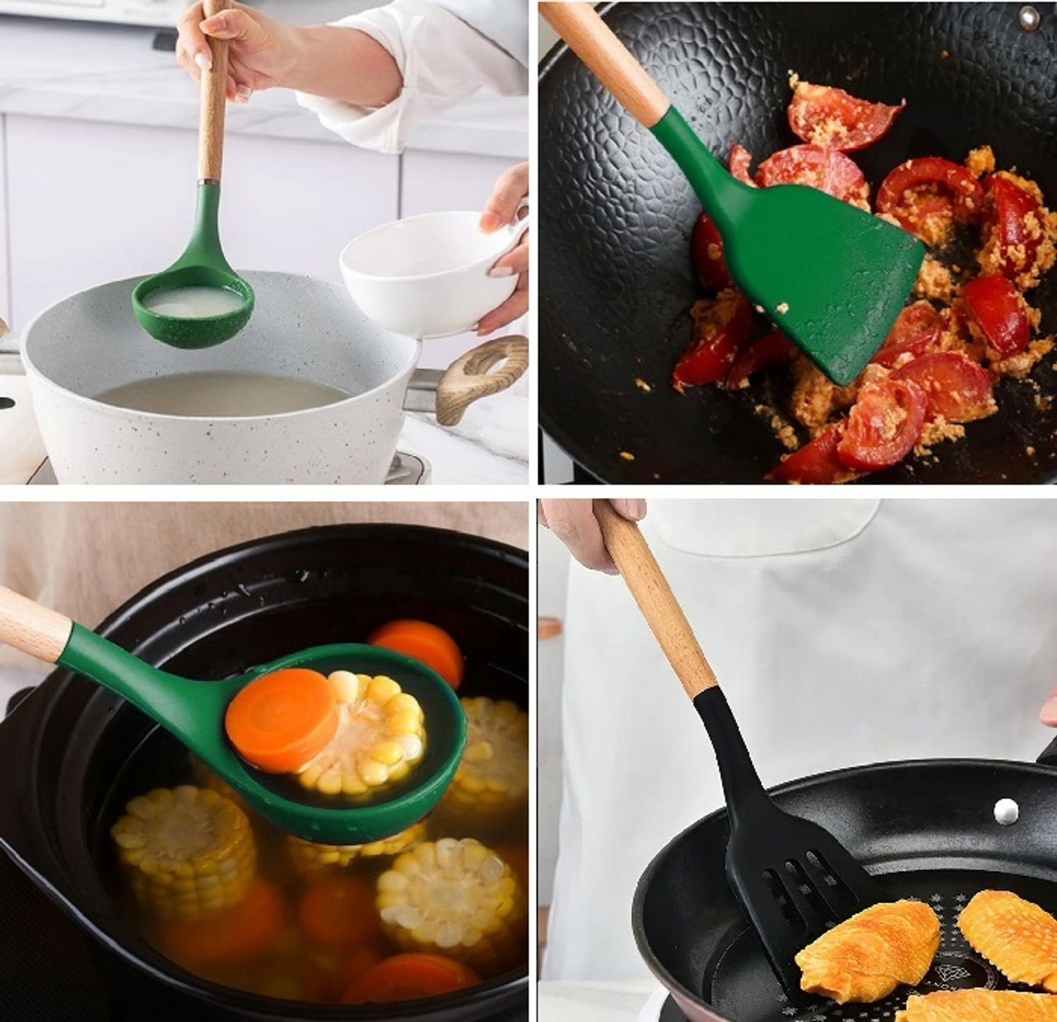 Image of REFINEMART Silicone Spatula for Kitchen Spatula for Non Stick Pan Cooking Spoon Set Green Non-Stick Spatula