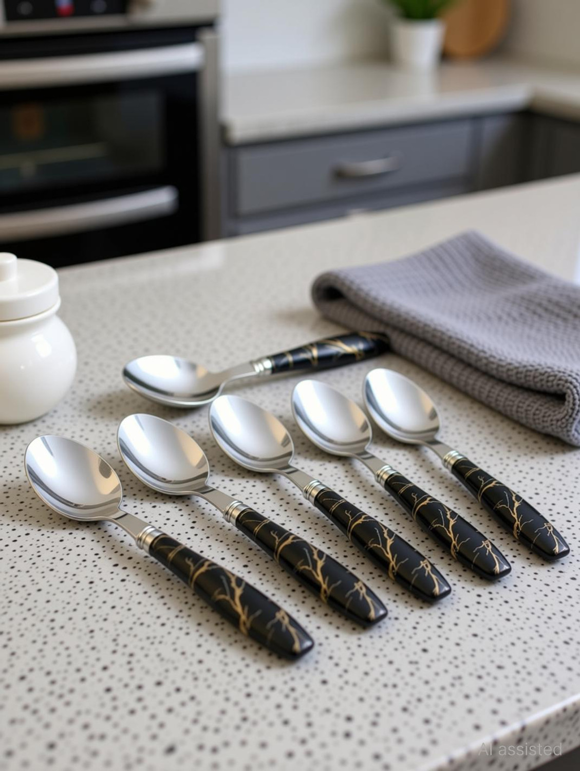 Image of krishnaa enterprises Spoons Set Dining table Premium Black Marble Ceramic Design Dinner Spoon Stainless Steel Table Spoon Set