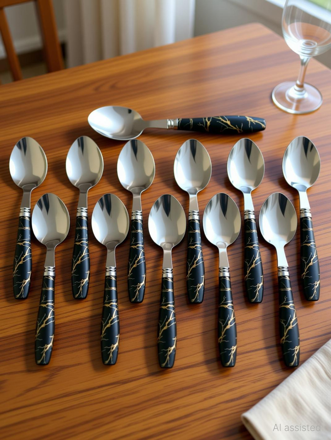 Image of krishnaa enterprises Spoons Set Dining table Premium Black Marble Ceramic Design Dinner Spoon Stainless Steel Table Spoon Set