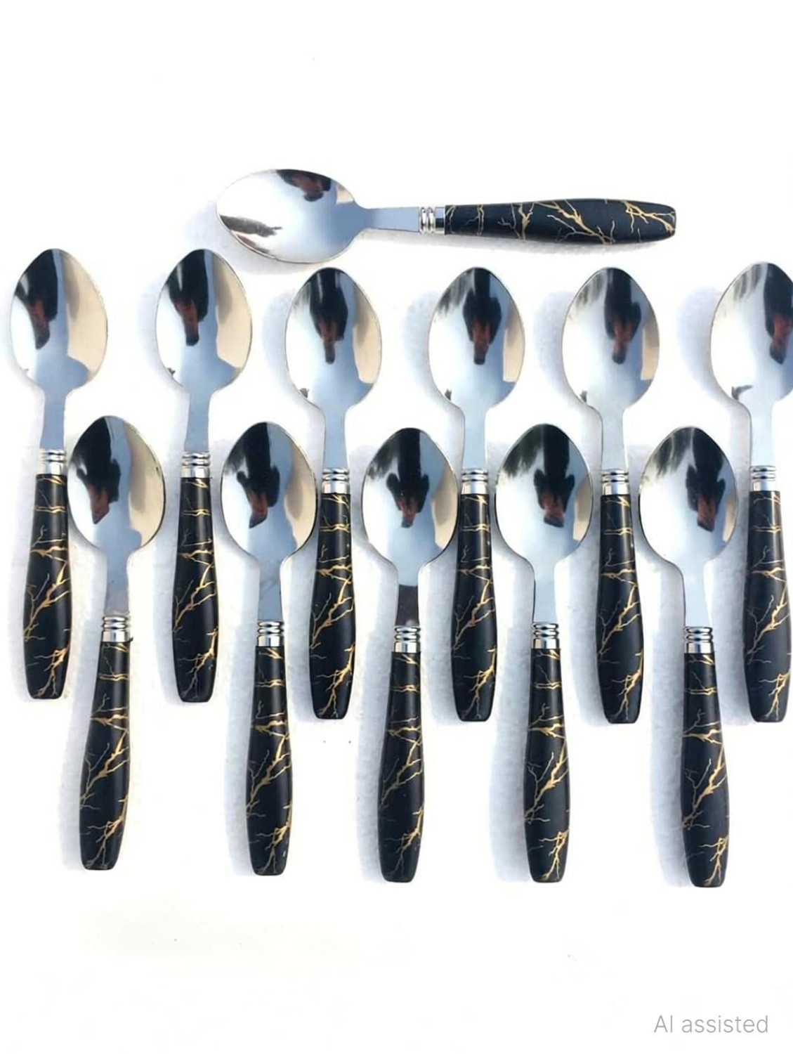 Image of krishnaa enterprises Spoons Set Dining table Premium Black Marble Ceramic Design Dinner Spoon Stainless Steel Table Spoon Set