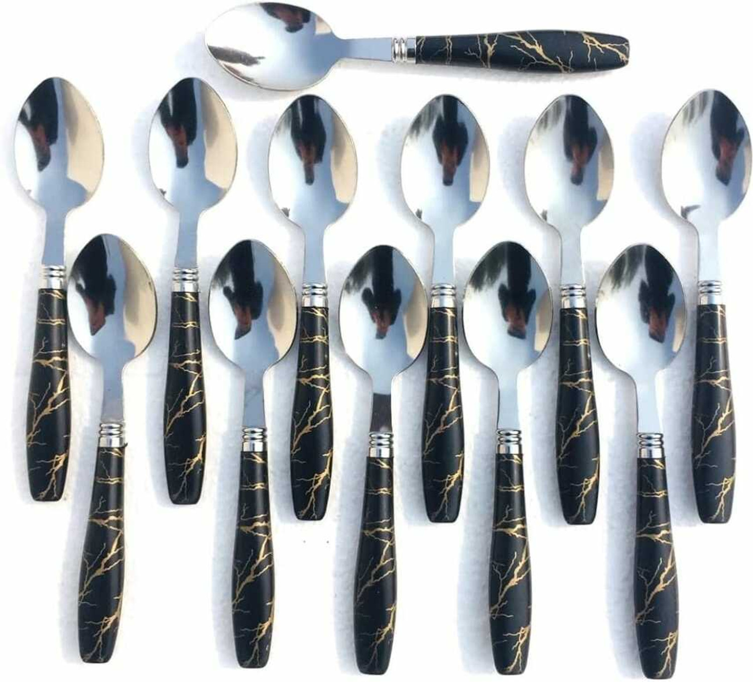 Image of krishnaa enterprises Spoons Set Dining table Premium Black Marble Ceramic Design Dinner Spoon Stainless Steel Table Spoon Set