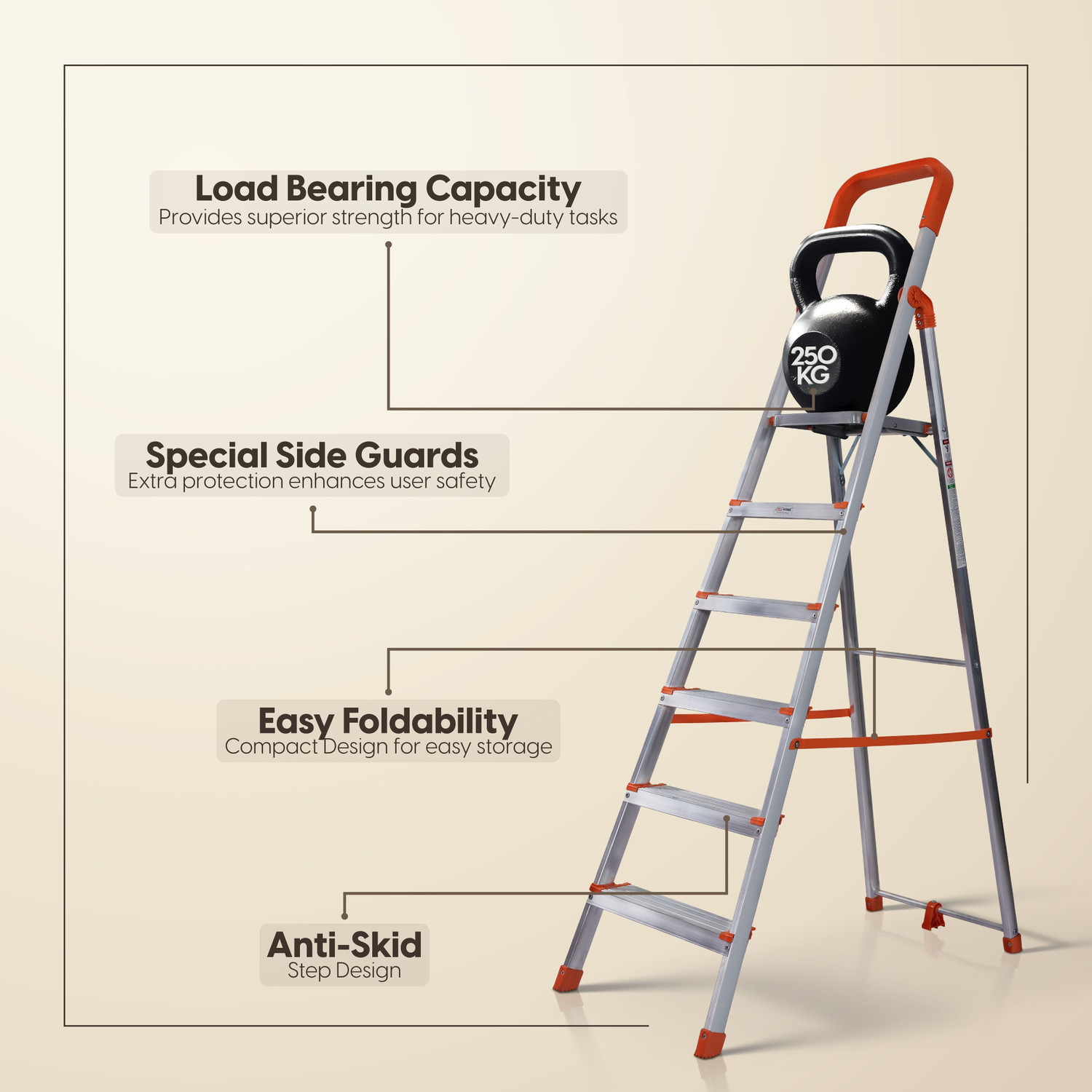 Image of ProHome 6 Steps Premium Heavy Platform Aluminum Ladder for Household with 5 Anti Skid shoes Aluminium Ladder